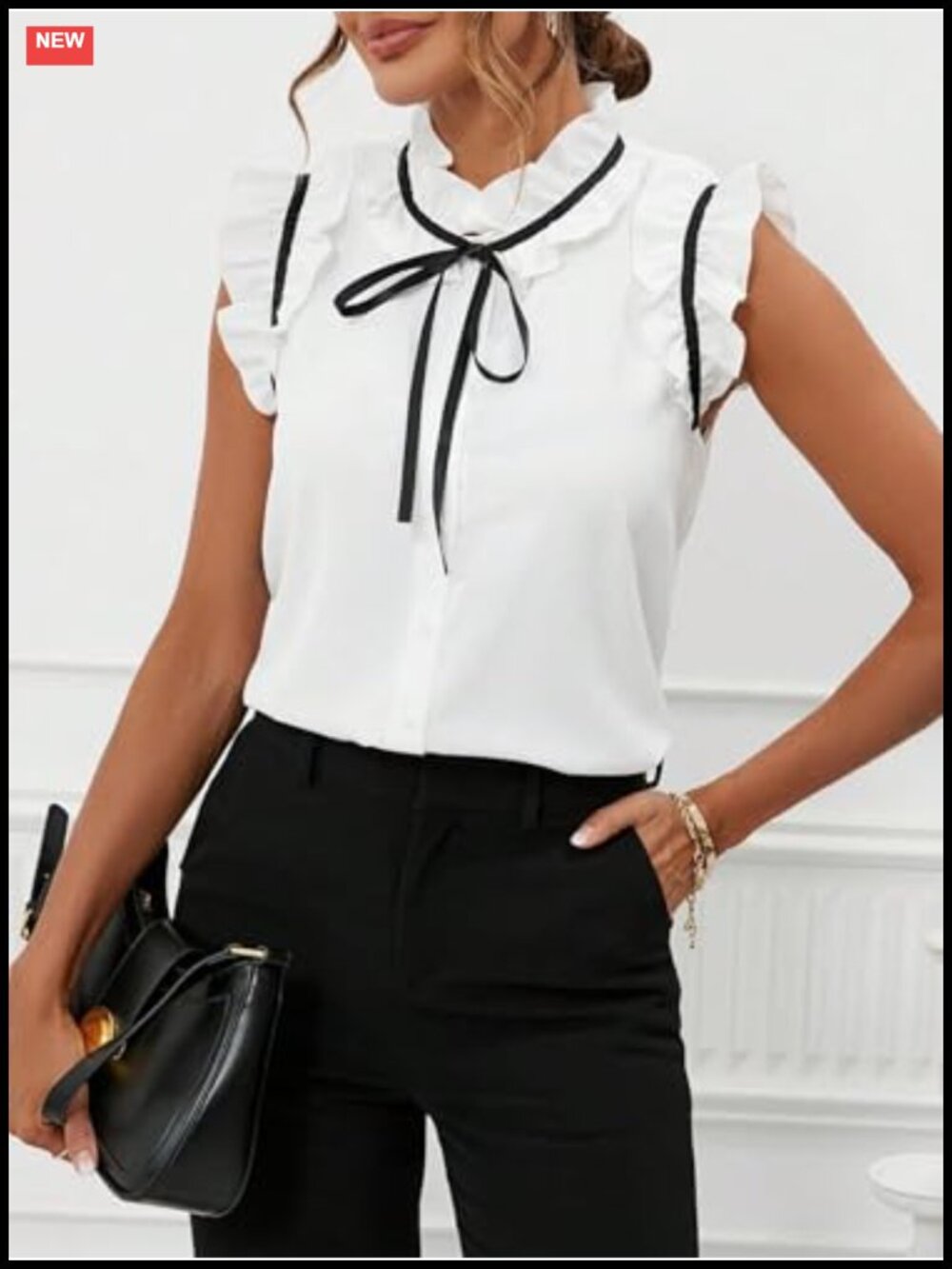 Women's Bow Tie Neck Ruffle Blouse Mock Neck Cap Sleeve Office Business Top - Picture 2 of 6